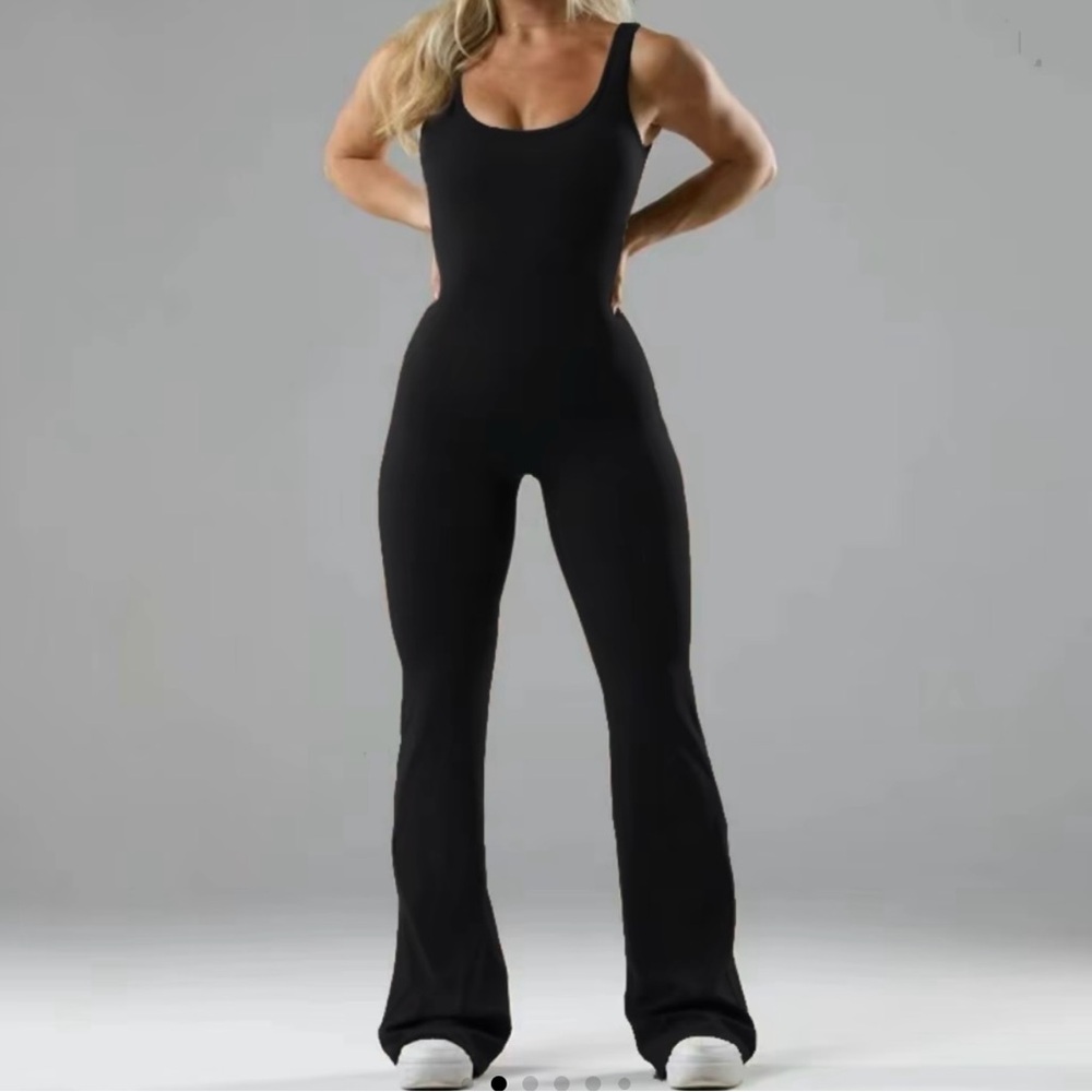 Black Flared Leg Jumpsuit with Scoop Neckline and scrunch butt